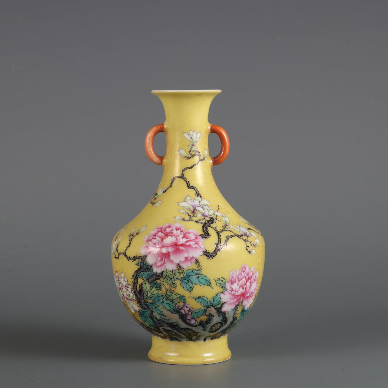 An Exquisite Enamel Yellow Glazed Flower Pattern with poem Double-Ears Vase: An Exquisite Enamel Yellow Glazed Flower Pattern with poem Double-Ears Vase Qing Dynasty, China Yongzheng Four-character Mark Size:16.5cmx9cm (The Dimensions Of All Batches Are Manually Measured.If