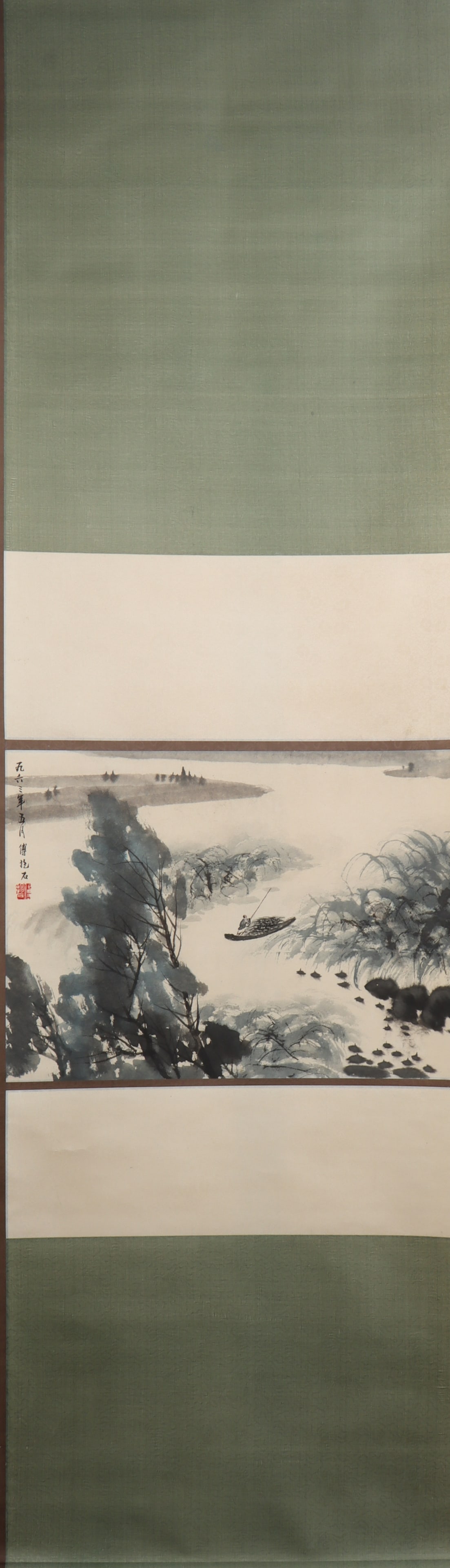 A Chinese Vertical Scroll Ink Painting of Landscape on Paper: A Chinese Vertical Scroll Ink Painting of Landscape on Paper Fu baoshi Size:34cmx49cm (The Dimensions Of All Batches Are Manually Measured.If You Need More Detailed Information, Please Contact Our