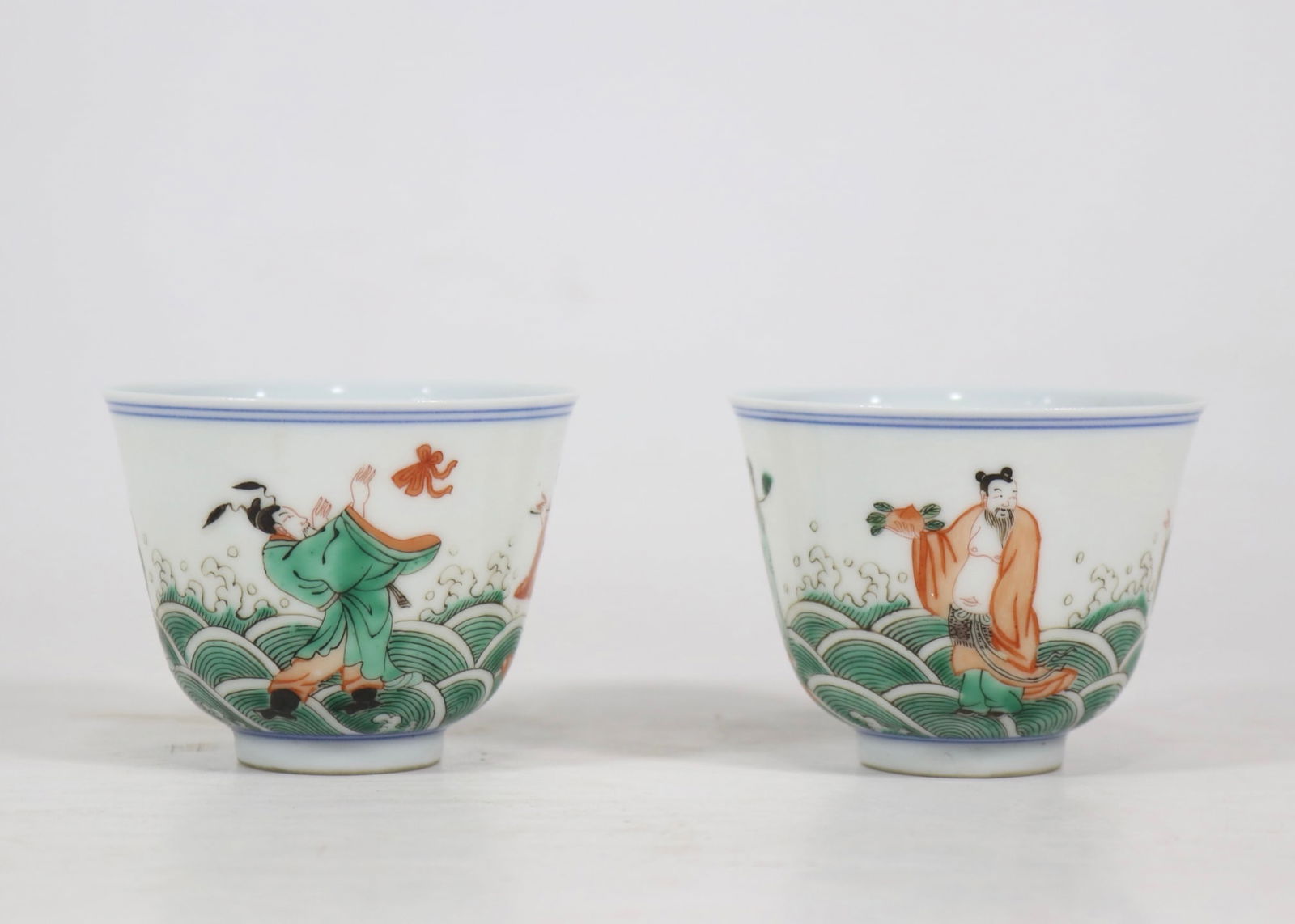 A Pair of Exquisite Wucai Character and Story Pattern Cup: A Pair of Exquisite Wucai Character and Story Pattern Cup Qing Dynasty, China Yongzheng Four-character Mark Size:5cmx6.5cm (The Dimensions Of All Batches Are Manually Measured.If You Need More