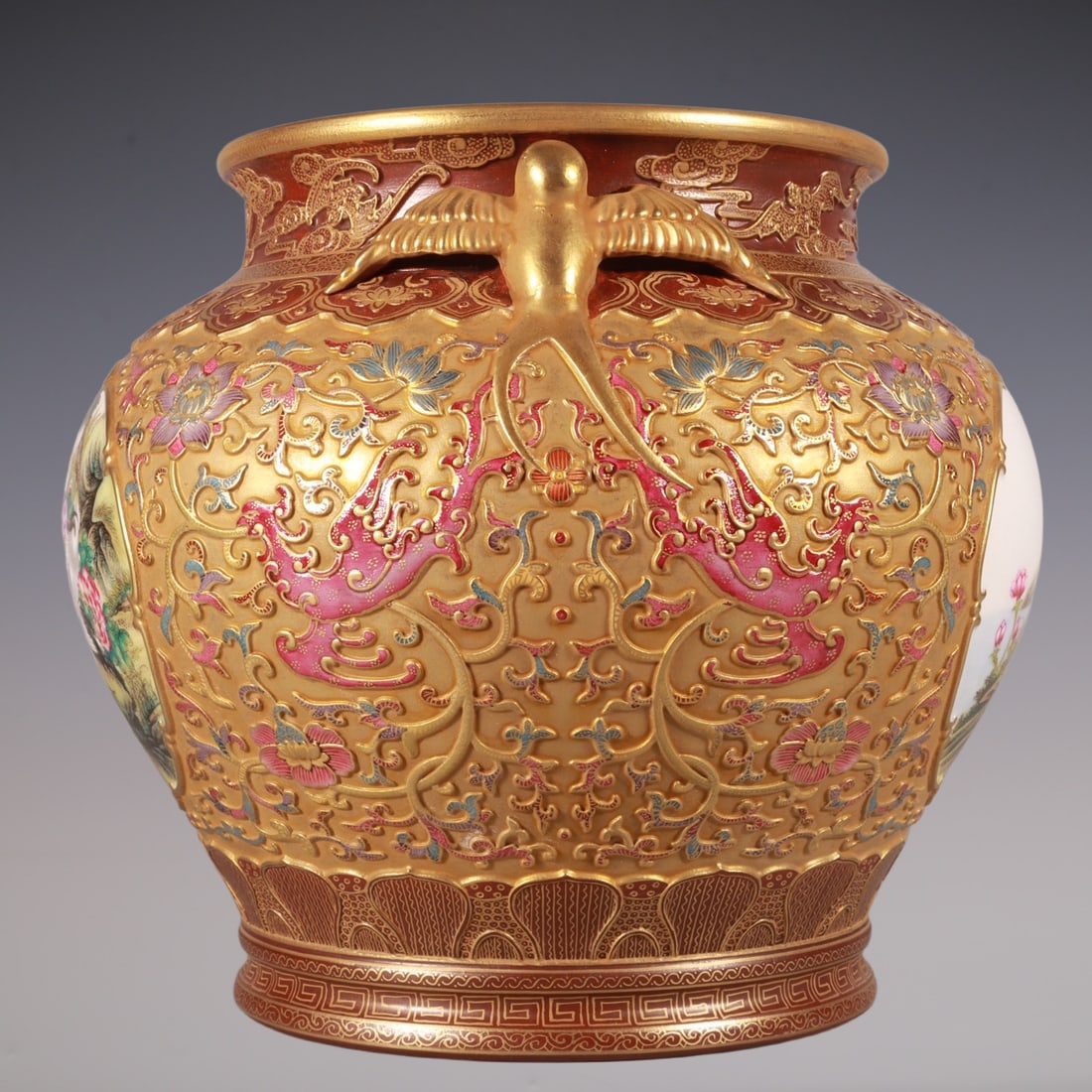 An Exquisite Enamel Lotus Pattern Flower and Bird Pattern Double-Ears Vat - 6