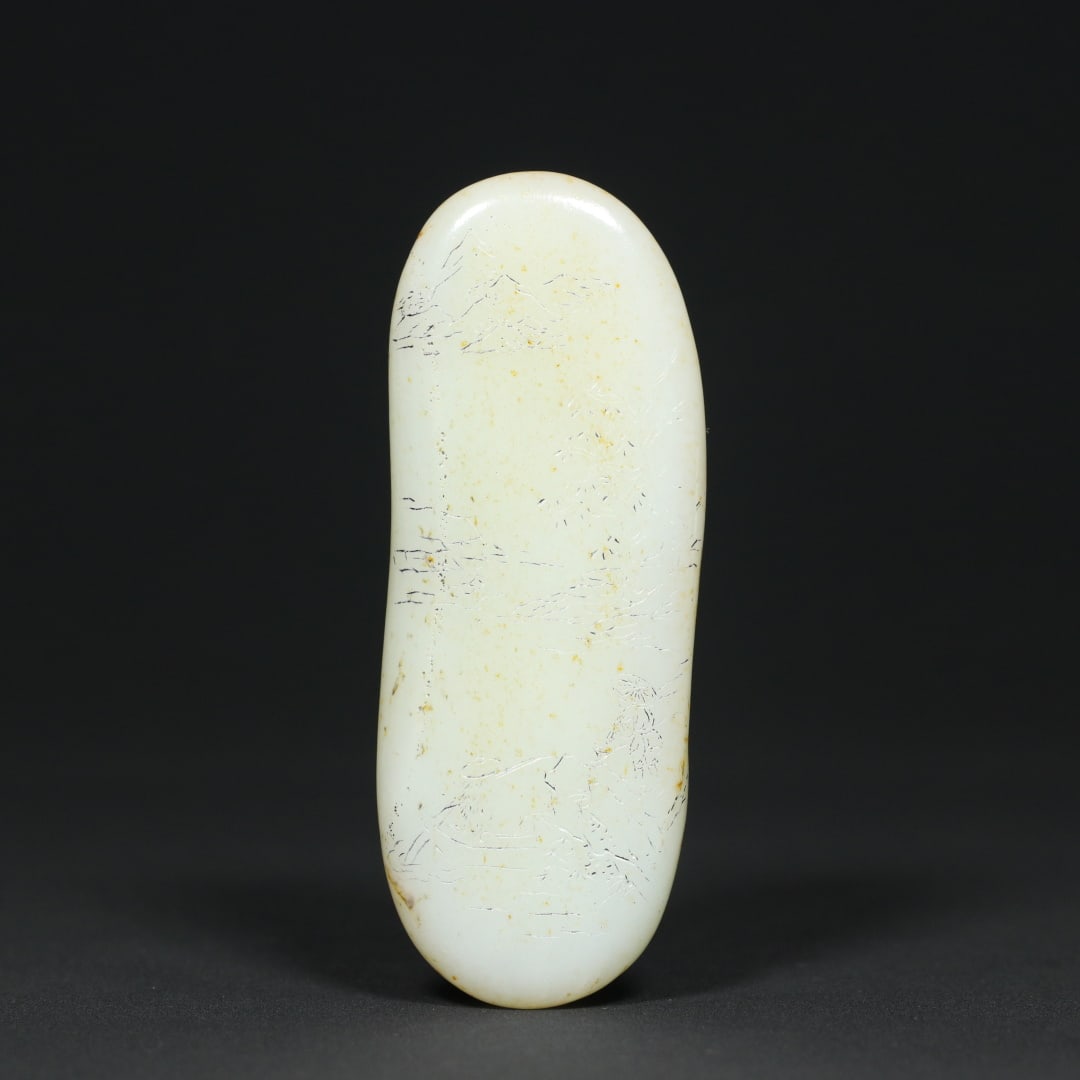 An Exquisite White Jade Landscape and Figure Pattern with poem Hand Piece: An Exquisite White Jade Landscape and Figure Pattern with poem Hand Piece Qing Dynasty, China Size:10.8cmx4.1cmx1.6cm Weight:146.3g (The Dimensions Of All Batches Are Manually Measured.If You Need