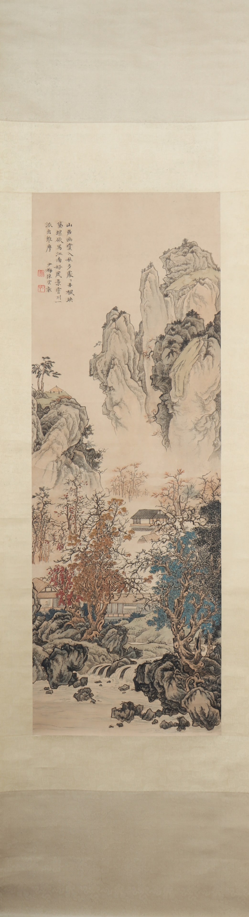 A Chinese Vertical Scroll Ink Painting of Landscape on Paper (1 of 5)