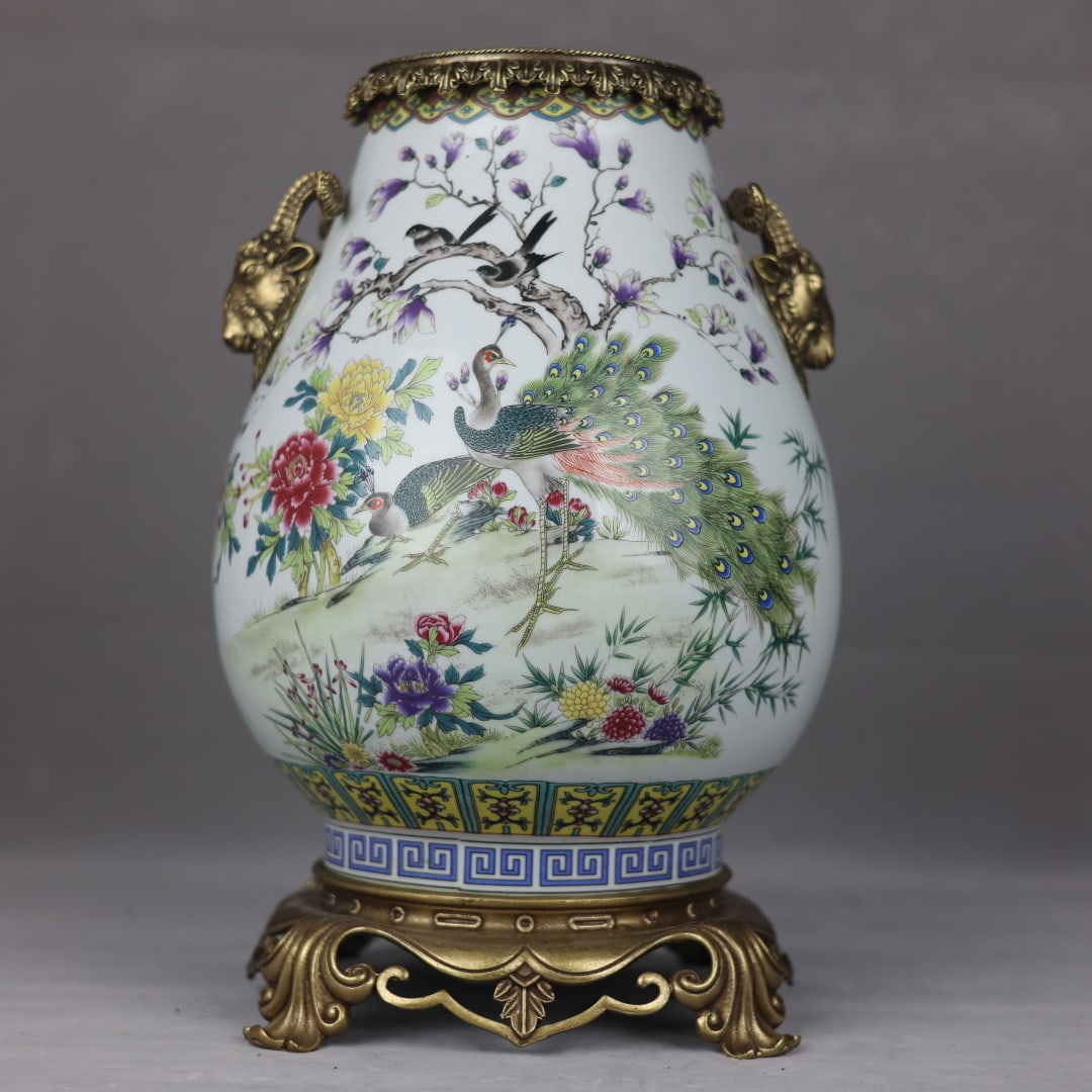 An Exquisite Famille-Rose Inlaid Bronze Flower and Bird Pattern with poem Double-Ears Vase (1 of 9)
