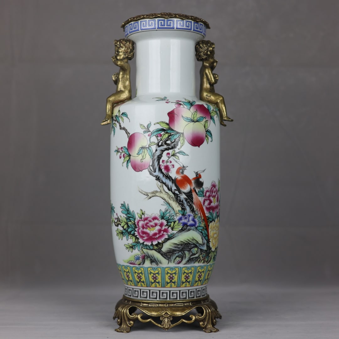 An Exquisite Famille-Rose Inlaid Bronze Flower and Bird Pattern Double-Ears Vase: An Exquisite Famille-Rose Inlaid Bronze Flower and Bird Pattern Double-Ears Vase Qing Dynasty, China Kangxi Six-character Mark Size:49cmx20cm (The Dimensions Of All Batches Are Manually Measured.If