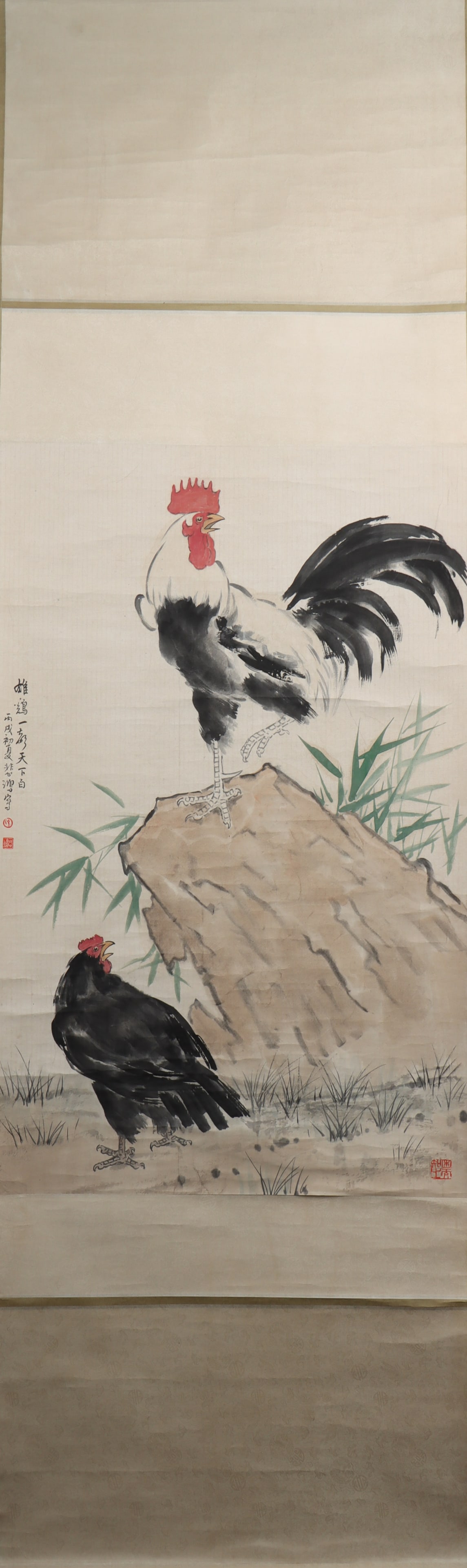 A Chinese Vertical Scroll Ink Painting of Rooster on Paper: A Chinese Vertical Scroll Ink Painting of Rooster on Paper Xu beihong Size:122cmx65cm (The Dimensions Of All Batches Are Manually Measured.If You Need More Detailed Information, Please Contact Our