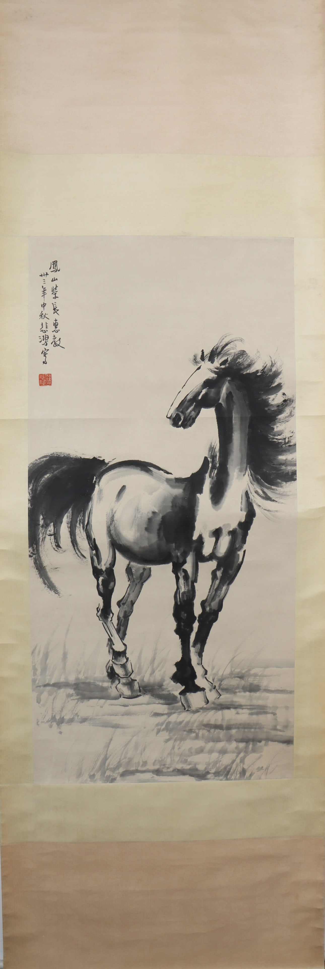 A Chinese Vertical Scroll Ink Painting of Horse on Paper: A Chinese Vertical Scroll Ink Painting of Horse on Paper Xu beihong Size:109cmx52cm (The Dimensions Of All Batches Are Manually Measured.If You Need More Detailed Information, Please Contact Our
