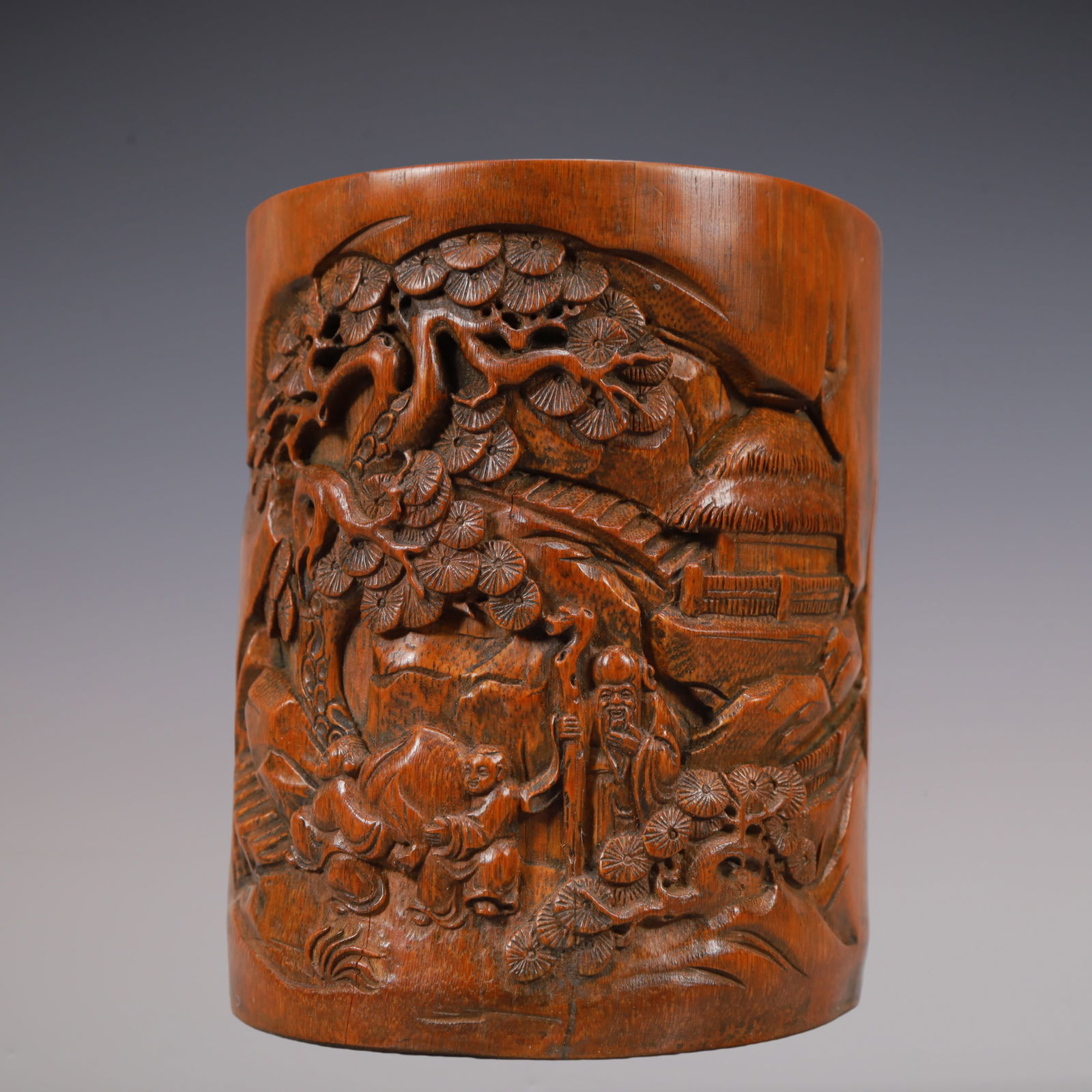 A Exquisite Bamboo Character and Story Pattern Brush Pot: A Exquisite Bamboo Character and Story Pattern Brush Pot Qing Dynasty, China Size:11.6cmx8cmx14.1cm Weight:450g (The Dimensions Of All Batches Are Manually Measured.If You Need More Detailed