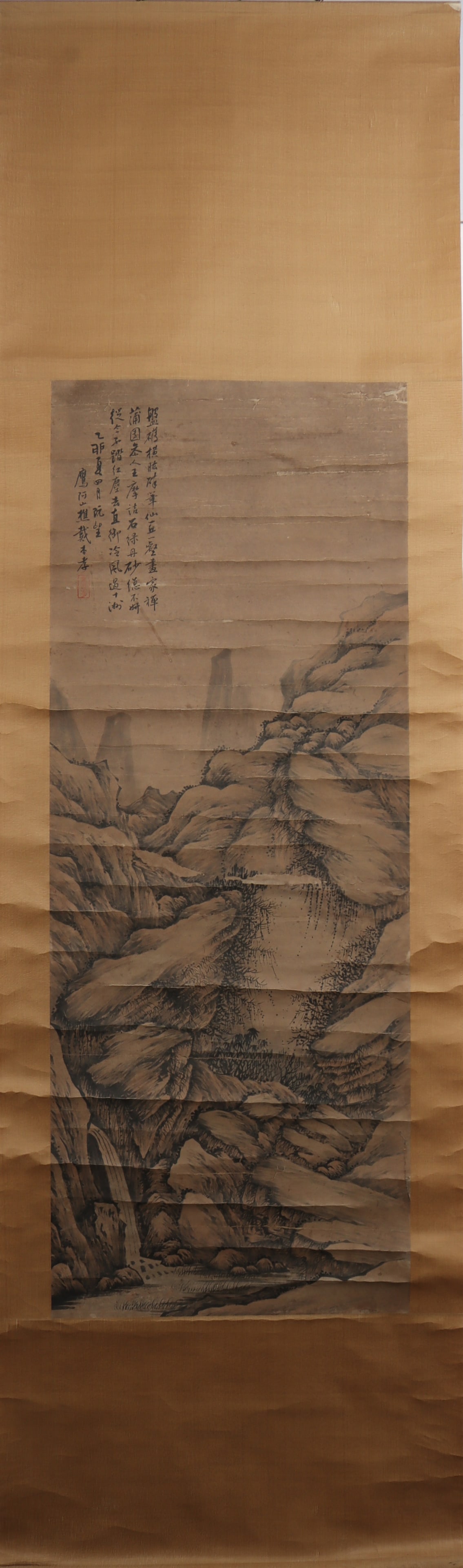 A Chinese Vertical Scroll Ink Painting of Landscape on Paper: A Chinese Vertical Scroll Ink Painting of Landscape on Paper Dai benxiao Size:129cmx49cm (The Dimensions Of All Batches Are Manually Measured.If You Need More Detailed Information, Please Contact