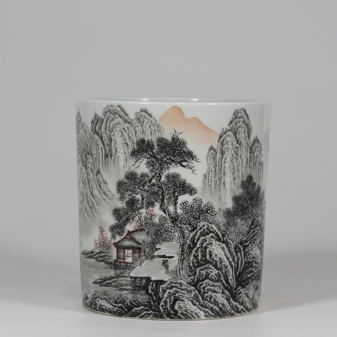 An Exquisite Ink Color Landscape Pattern Brush Pot (1 of 9)