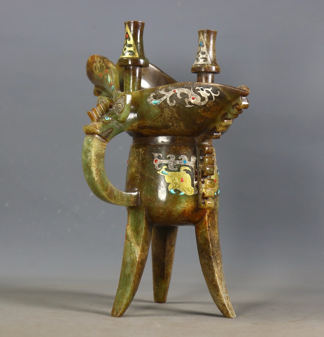 An Exquisite White Jade Gold and Silver Dragon Pattern Goblet - 2