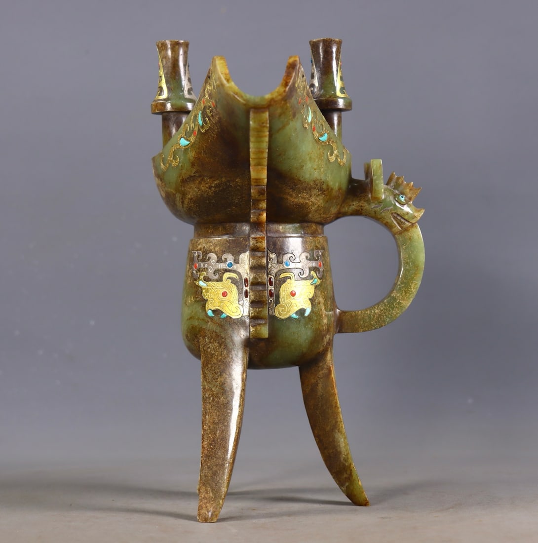 An Exquisite White Jade Gold and Silver Dragon Pattern Goblet - 3