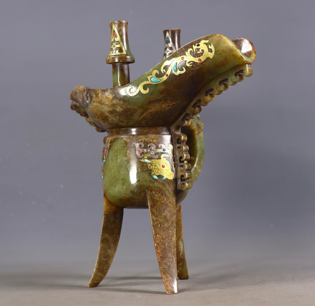 An Exquisite White Jade Gold and Silver Dragon Pattern Goblet - 5