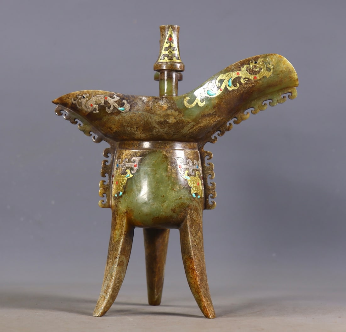 An Exquisite White Jade Gold and Silver Dragon Pattern Goblet - 6