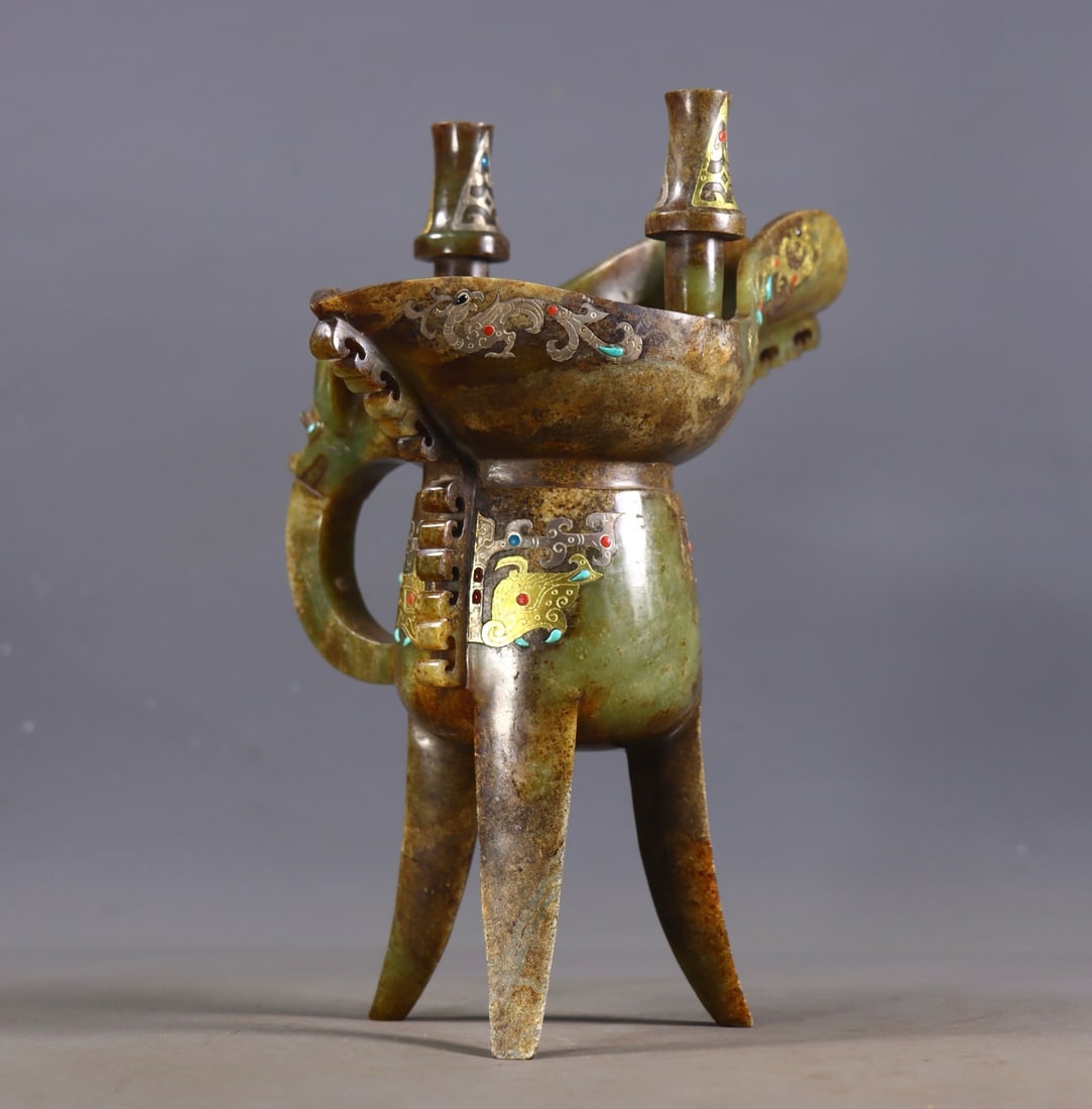 An Exquisite White Jade Gold and Silver Dragon Pattern Goblet - 7