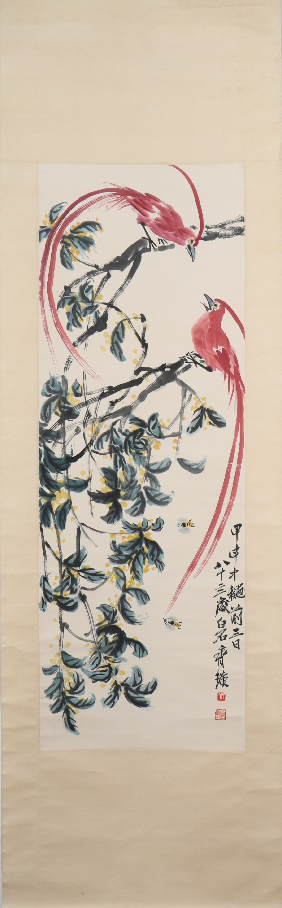 A Chinese Vertical Scroll Ink Painting of Flower and Bird on Paper: A Chinese Vertical Scroll Ink Painting of Flower and Bird on Paper Qi baishi Size:109cmx39cm (The Dimensions Of All Batches Are Manually Measured.If You Need More Detailed Information, Please