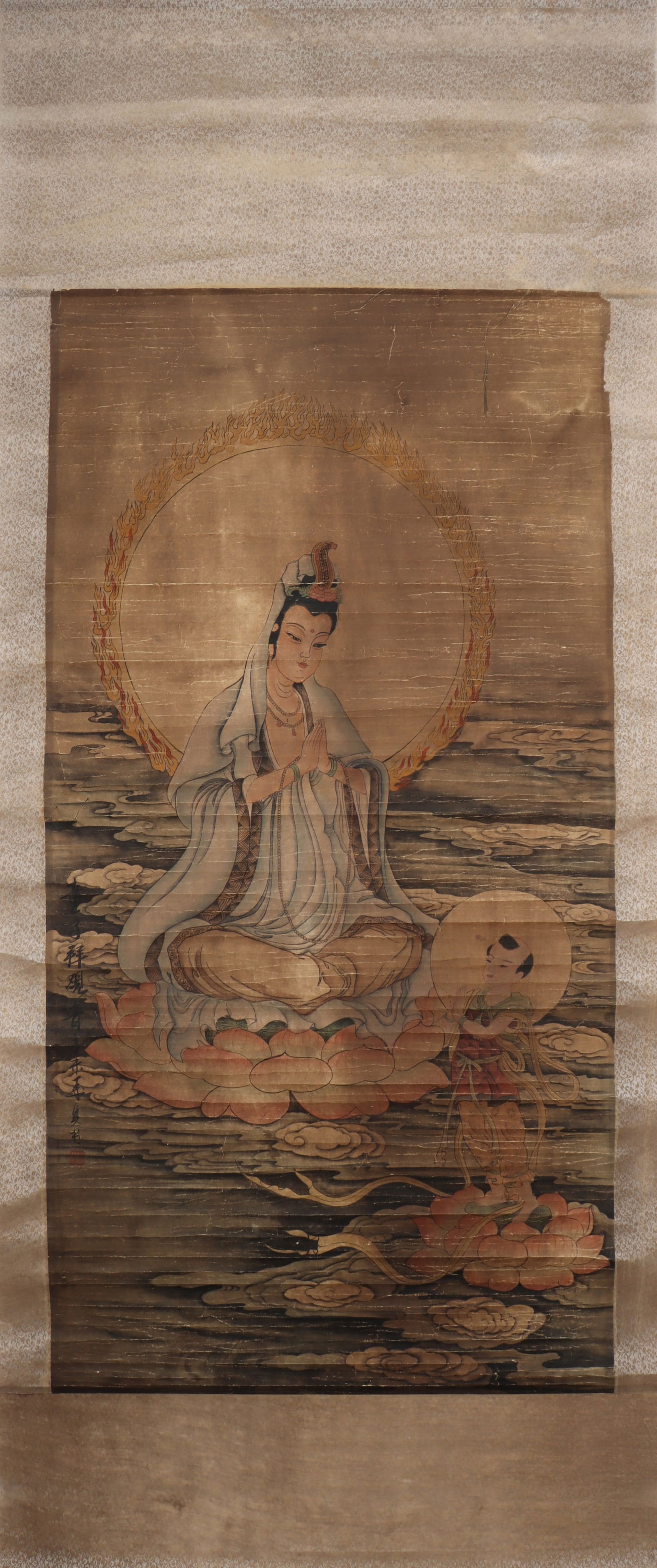 A Chinese Vertical Scroll Ink Painting of Statue of Avalokitesvara on Paper: A Chinese Vertical Scroll Ink Painting of Statue of Avalokitesvara on Paper Yi ming Size:127cmx64cm (The Dimensions Of All Batches Are Manually Measured.If You Need More Detailed Information,