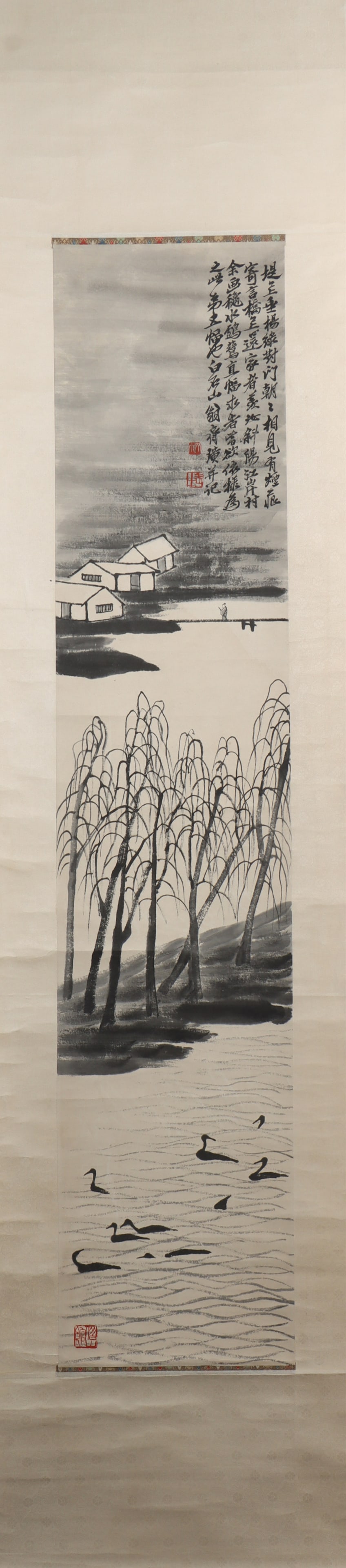 A Chinese Vertical Scroll Ink Painting of Landscape on Paper: A Chinese Vertical Scroll Ink Painting of Landscape on Paper Qi baishi Size:137cmx29cm (The Dimensions Of All Batches Are Manually Measured.If You Need More Detailed Information, Please Contact Our