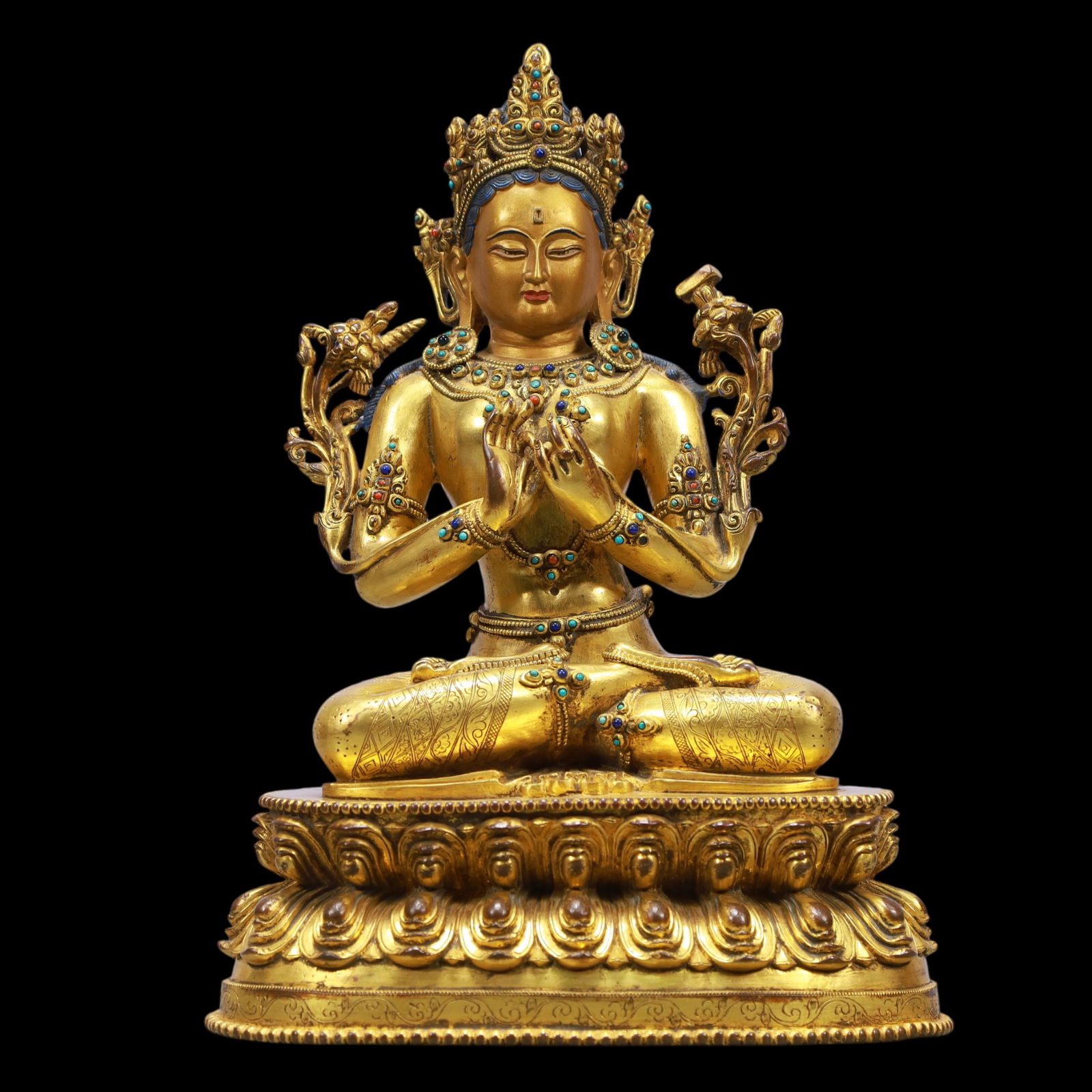 A Exquisite Gilt Bronze Statue of Manjusri: A Exquisite Gilt Bronze Statue of Manjusri Ming Dynasty, China Size:22cmx16cmx31.5cm Weight:5100g (The Dimensions Of All Batches Are Manually Measured.If You Need More Detailed Information, Please