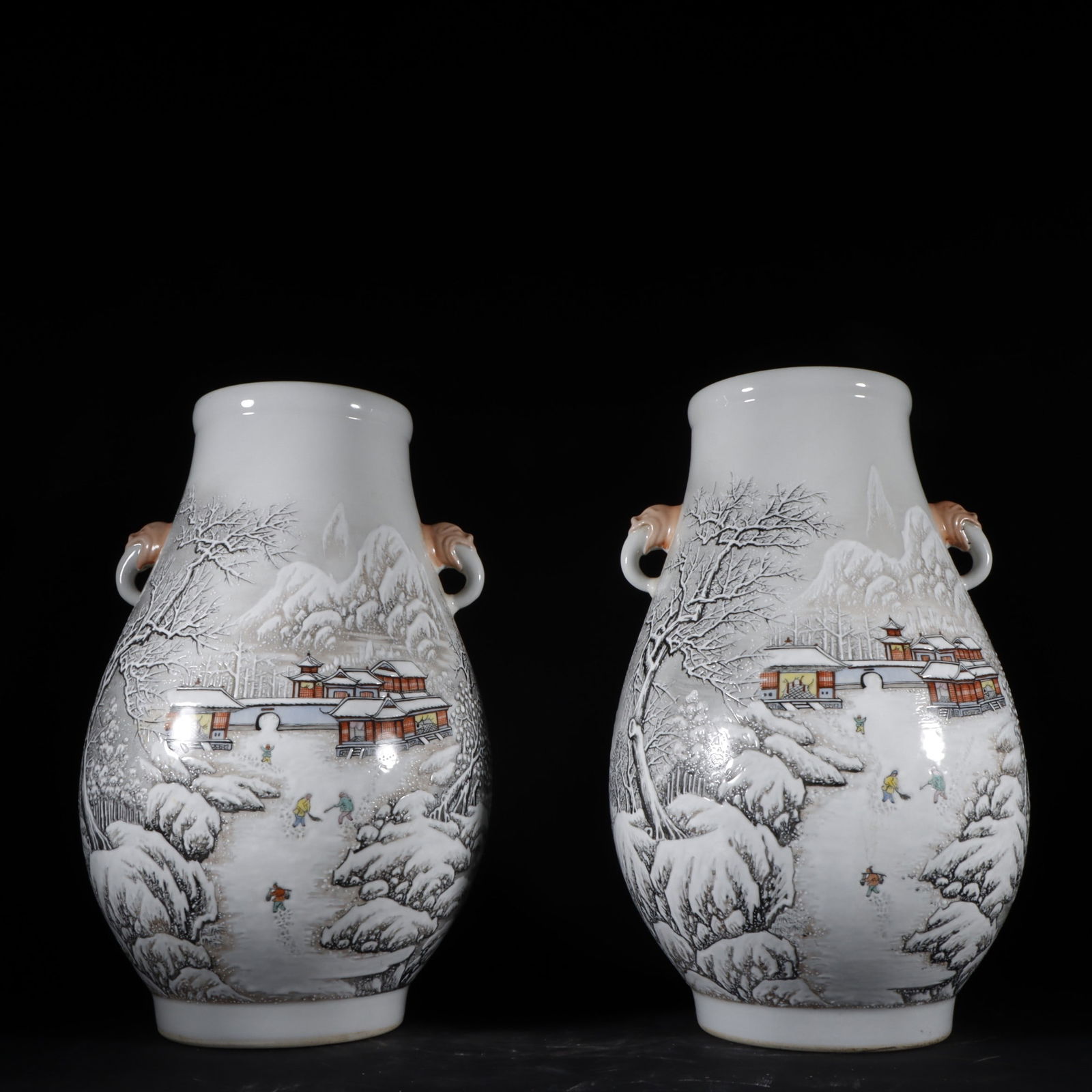 A Pair of Exquisite Ink Color Snowscape Double-Ears Vase: A Pair of Exquisite Ink Color Snowscape Double-Ears Vase Qing Dynasty, China Qianlong Six-character Mark Size:37.4cmx24cm (The Dimensions Of All Batches Are Manually Measured.If You Need More