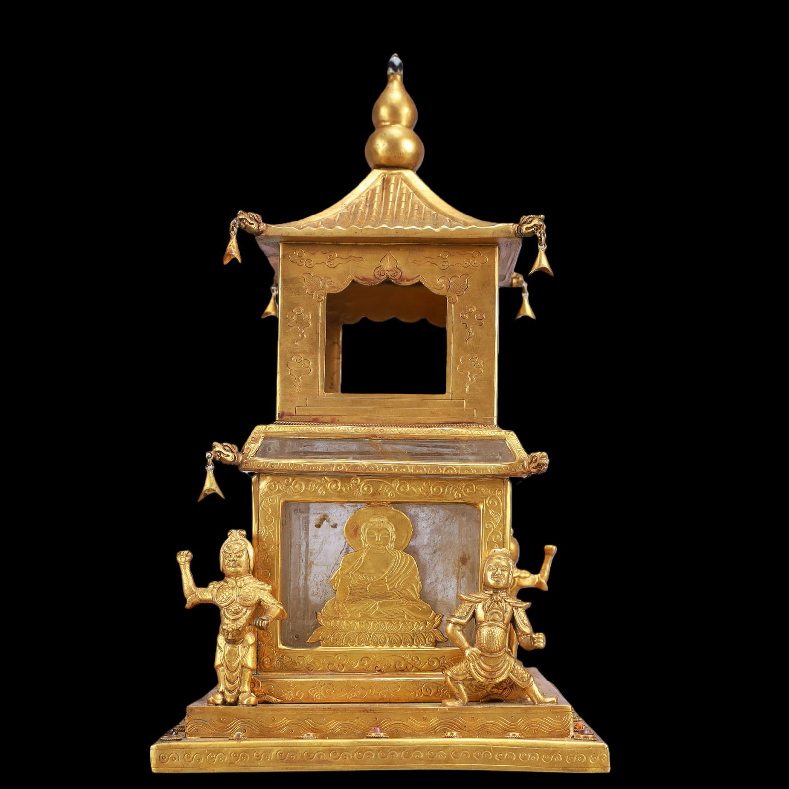 A Exquisite Gilt Bronze Inlaid Crystal with poem Pagoda: A Exquisite Gilt Bronze Inlaid Crystal with poem Pagoda Qing Dynasty, China Size:17.5cmx32cm Weight:3000g (The Dimensions Of All Batches Are Manually Measured.If You Need More Detailed Information,