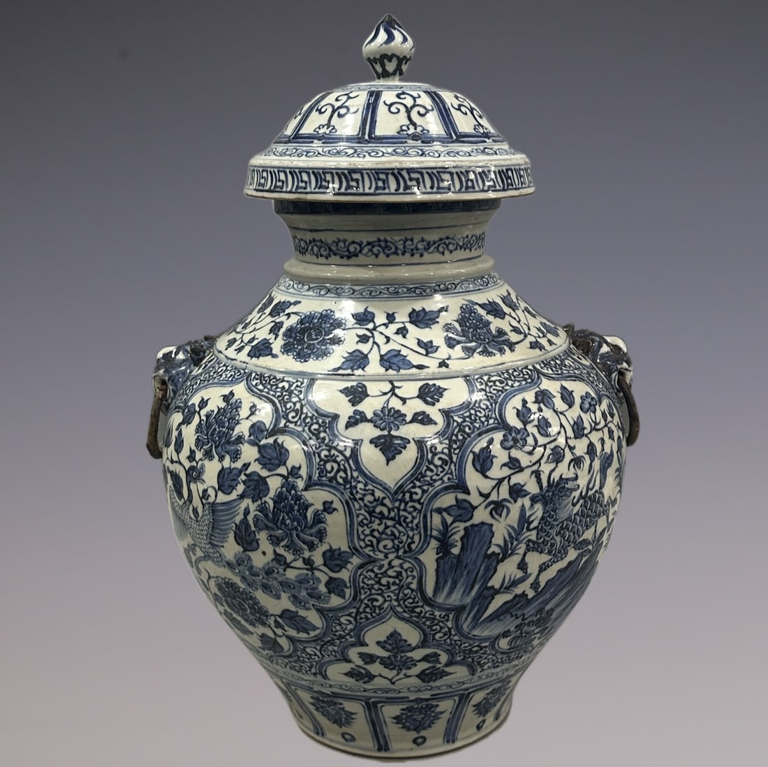 An Exquisite Blue and White Lotus Pattern Kylin Pattern Double-Ears Jar: An Exquisite Blue and White Lotus Pattern Kylin Pattern Double-Ears Jar Yuan Dynasty, China Size:47.5cm (The Dimensions Of All Batches Are Manually Measured.If You Need More Detailed Information,
