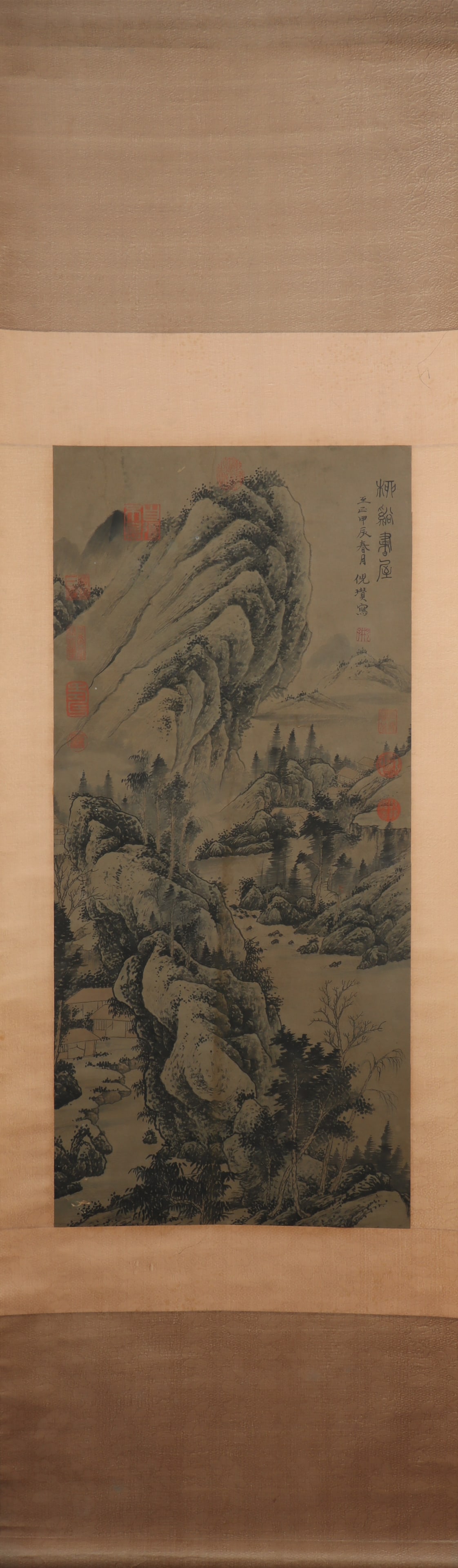 A Chinese Vertical Scroll Ink Painting of Landscape on Paper: A Chinese Vertical Scroll Ink Painting of Landscape on Paper Ni zan Size:94cmx42cm (The Dimensions Of All Batches Are Manually Measured.If You Need More Detailed Information, Please Contact Our