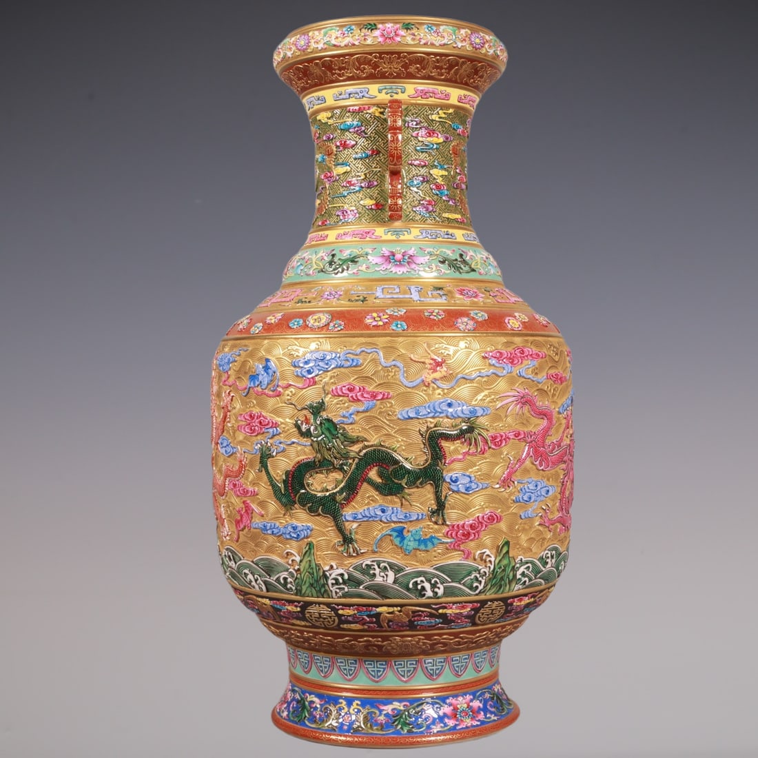 An Exquisite Enamel Bats and Peach Pattern Lotus Pattern Dragon Pattern Seawater Pattern Double-Ears - 4