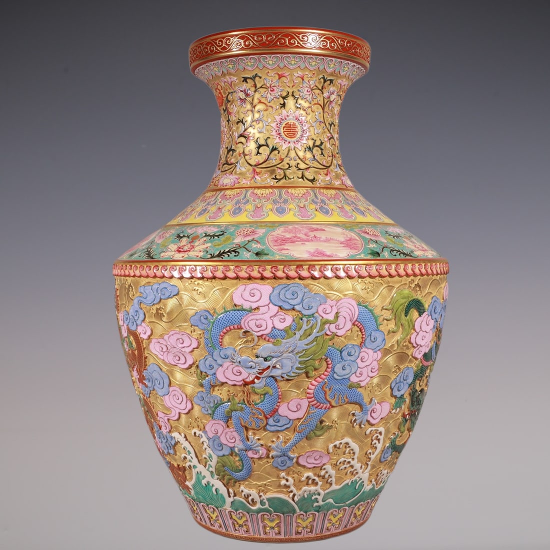 An Exquisite Enamel Bats and Peach Pattern Lotus Pattern Dragon Pattern Seawater Pattern Vase - 5