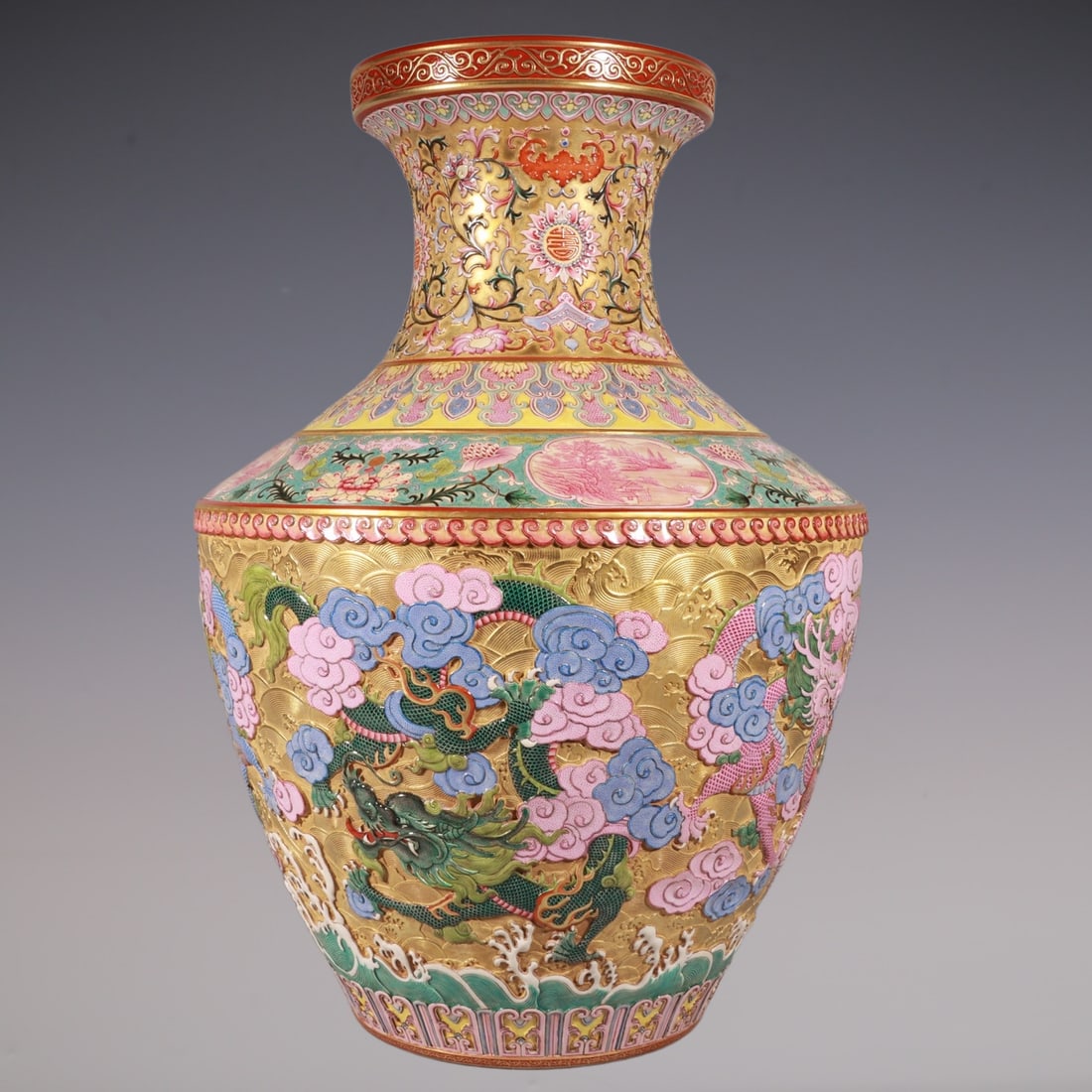 An Exquisite Enamel Bats and Peach Pattern Lotus Pattern Dragon Pattern Seawater Pattern Vase - 6