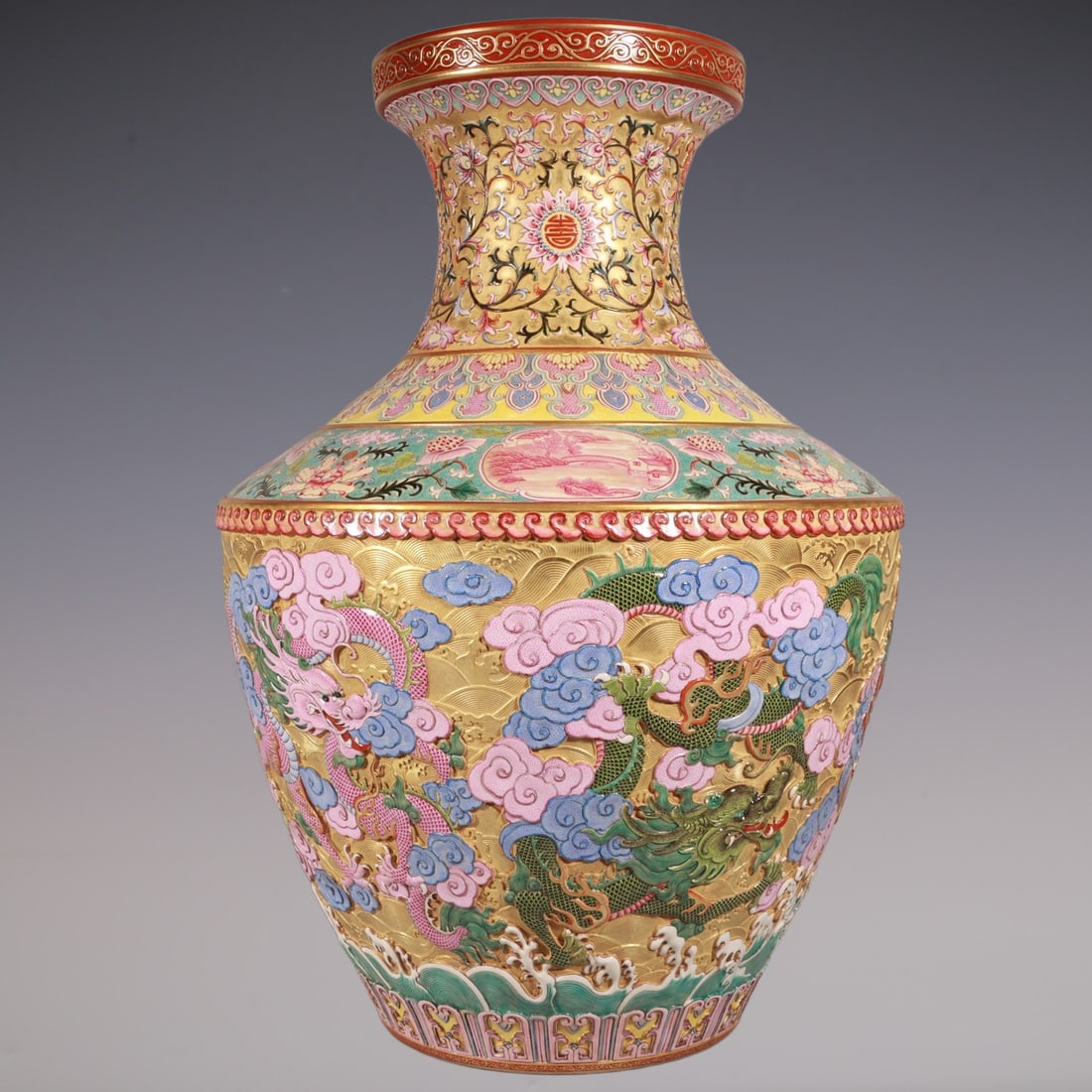 An Exquisite Enamel Bats and Peach Pattern Lotus Pattern Dragon Pattern Seawater Pattern Vase - 7