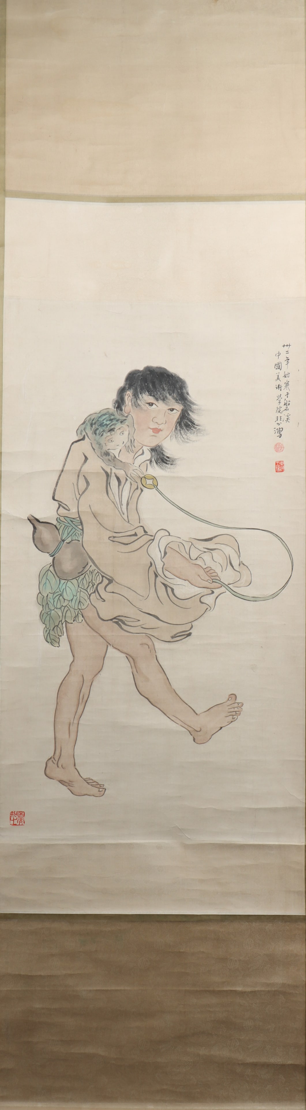 A Chinese Vertical Scroll Ink Painting of Figure on Paper: A Chinese Vertical Scroll Ink Painting of Figure on Paper Xu beihong Size:121cmx57cm (The Dimensions Of All Batches Are Manually Measured.If You Need More Detailed Information, Please Contact Our
