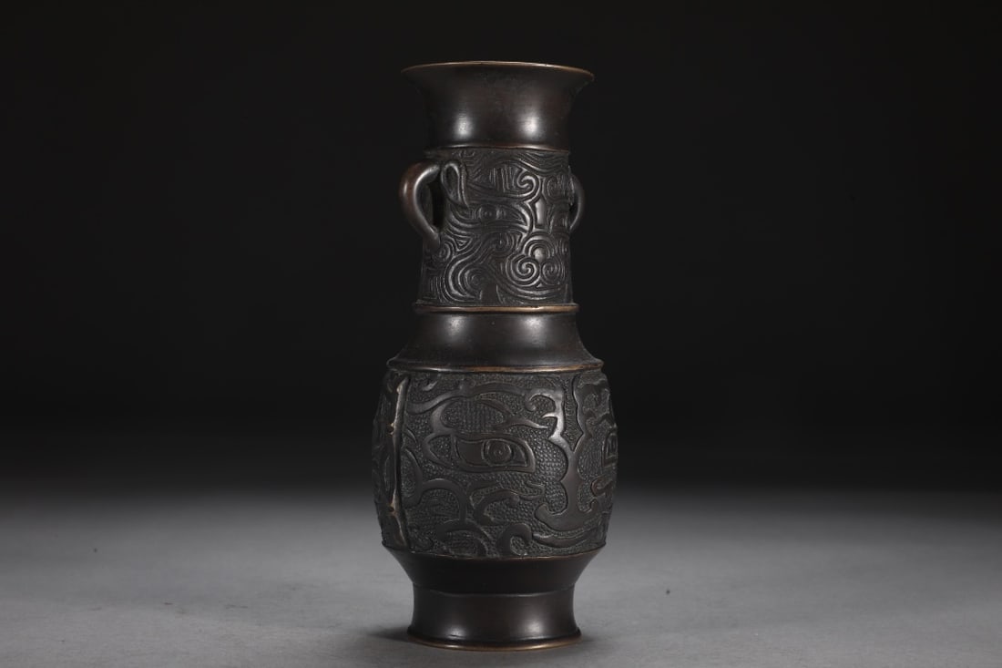 An Exquisite Bronze Beast-Face Pattern Double-Ears Vase - 3