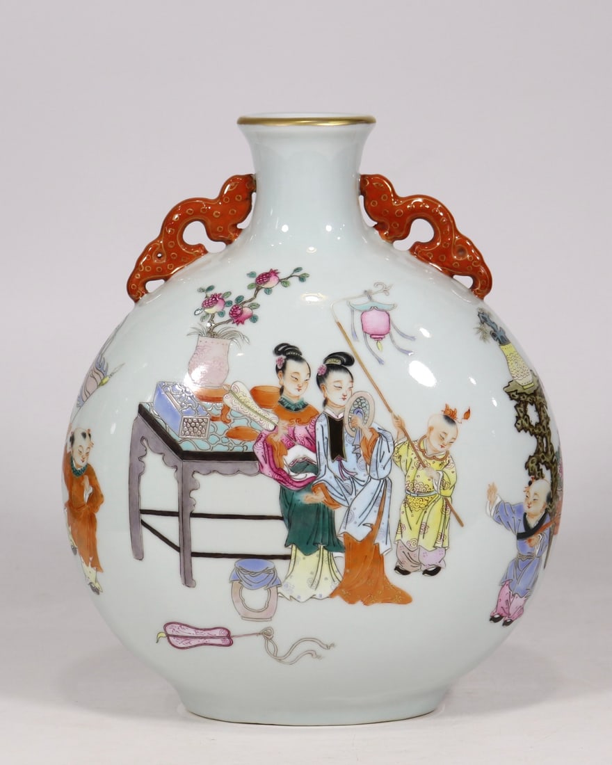 An Exquisite Famille-Rose Character and Story Pattern with poem Double-Ears Vase: An Exquisite Famille-Rose Character and Story Pattern with poem Double-Ears Vase Qing Dynasty, China Qianlong Six-character Mark Size:27.5cmx21.5cm (The Dimensions Of All Batches Are Manually