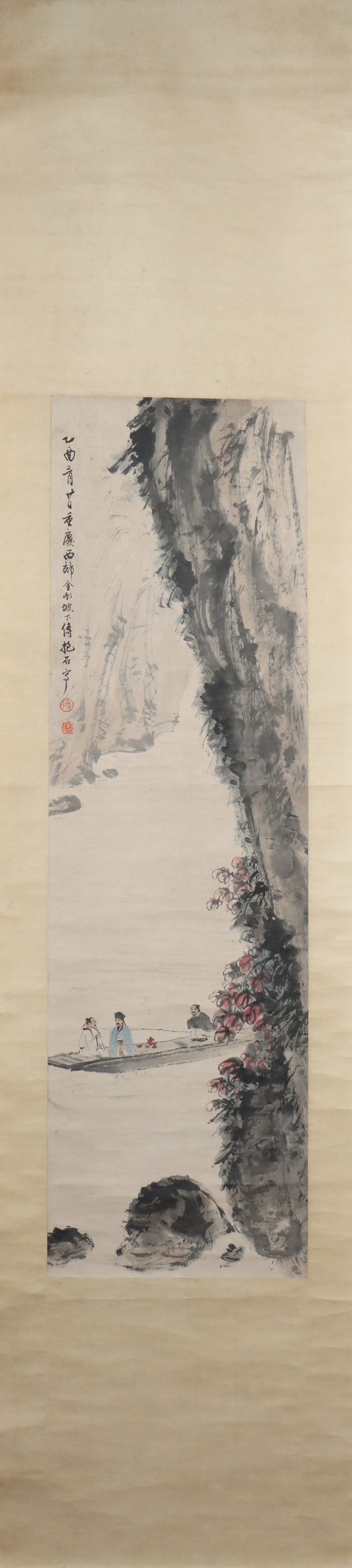 A Chinese Vertical Scroll Ink Painting of Landscape and Figure on Paper: A Chinese Vertical Scroll Ink Painting of Landscape and Figure on Paper Fu baoshi Size:110cmx32cm (The Dimensions Of All Batches Are Manually Measured.If You Need More Detailed Information, Please