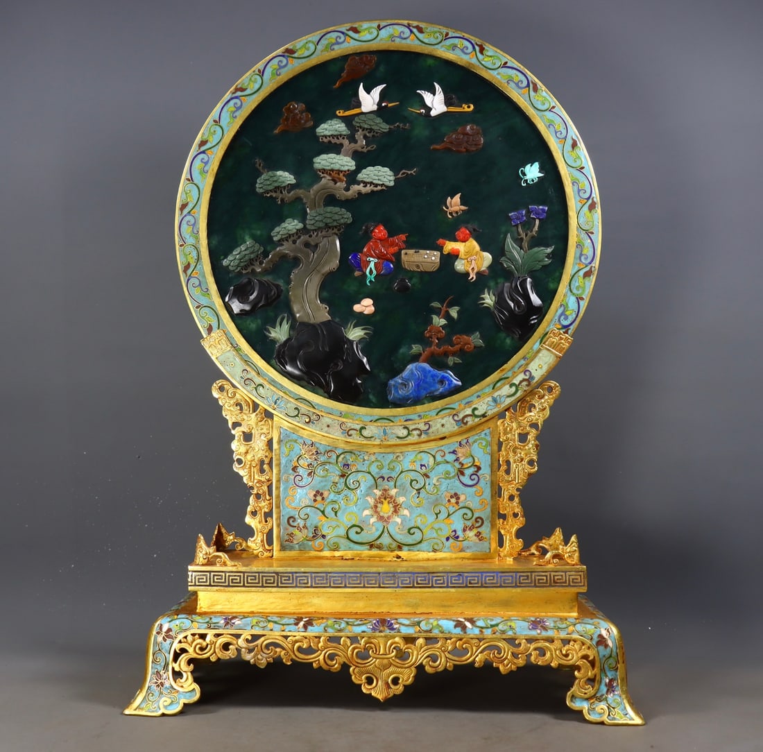 An Exquisite Cloisonne Inlaid Jasper Character and Story Pattern Lotus Pattern with poem Screen: An Exquisite Cloisonne Inlaid Jasper Character and Story Pattern Lotus Pattern with poem Screen Qing Dynasty, China Qianlong Four-character Mark Size:47.5cmx33cmx15.5cm Weight:4970g (The Dimensions Of