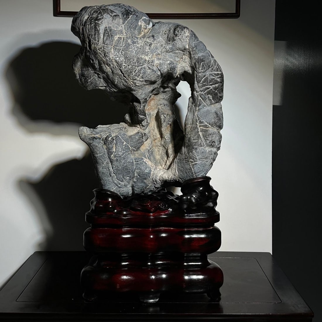 A beautiful Lingbi stone artistic conception old pit stone: Exquisite Lingbi stone artistic conception old pit stone Size:H:78cmW:40cmT:30cm (The Dimensions Of All Batches Are Manually Measured.If You Need More Detailed Information, Please