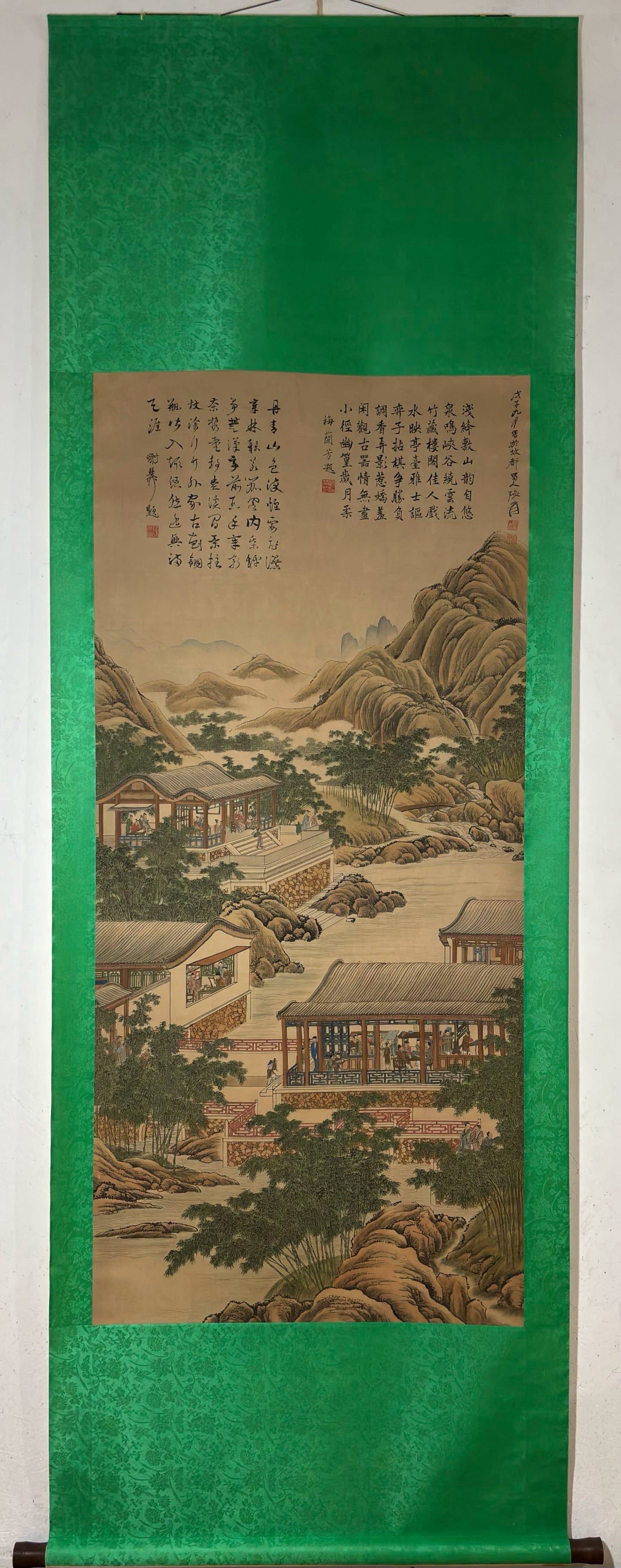 A vertical axis of Zhang Daqian's landscape figure picture: Zhang Daqian's landscape figure picture vertical axis Size:Painting coreSize:140.5x64cm (The Dimensions Of All Batches Are Manually Measured.If You Need More Detailed Information,