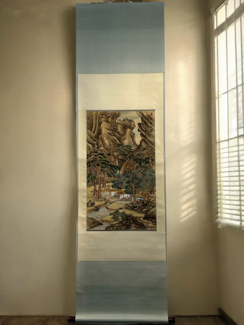 A picture of Feng Chaoran's visit to friends in the grass hall: Feng Chaoran's thatched cottage visiting friends Size: 211cmx60cmPainting core80.5cmx46.5cm (The Dimensions Of All Batches Are Manually Measured.If You Need More Detailed Information, Please Contact O