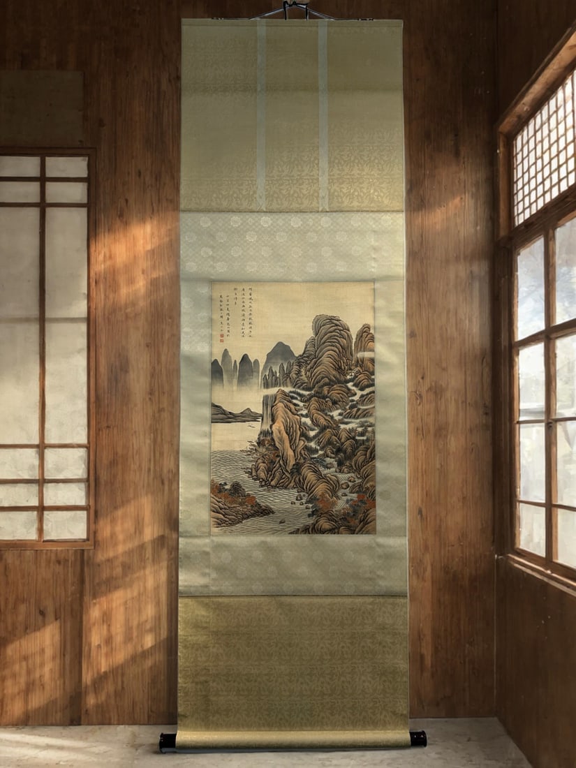 A painting of Jiangnan fishing recluse by Aisin Jueluo Yongrong of the Qing Dynasty: Qing Dynasty's Aisin Jueluo Yongrong's Jiangnan fishing hidden picture painting Size: 196cmx61cmPainting core69cmx45cm (The Dimensions Of All Batches Are Manually Measured.If You