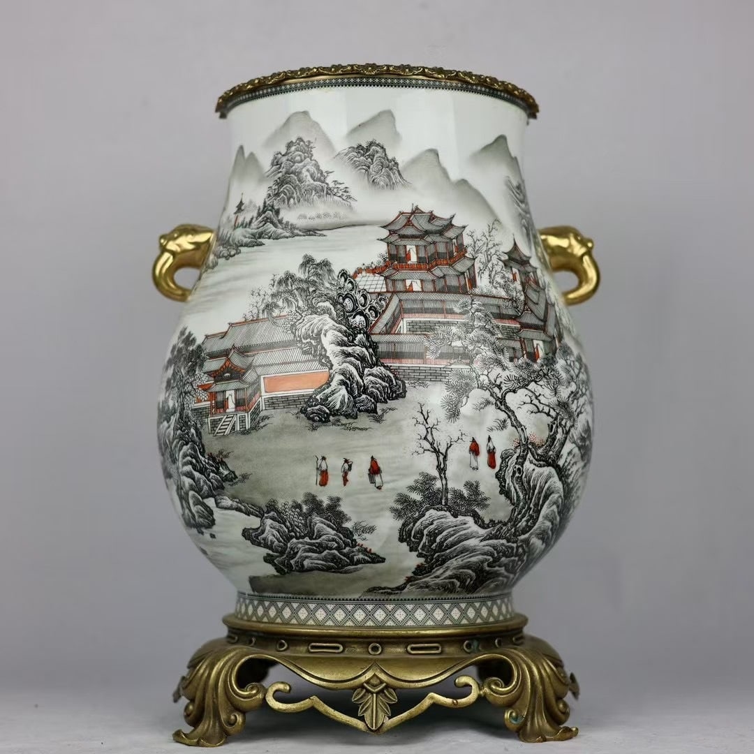 A beautiful copper-inlaid porcelain ink landscape pattern elephant ear statue: Exquisite copper-inlaid porcelain ink color landscape pattern elephant ear statue Size:H:50cmCalibre:26cmD:36cmBottom:32cm (The Dimensions Of All Batches Are Manually Measured.If