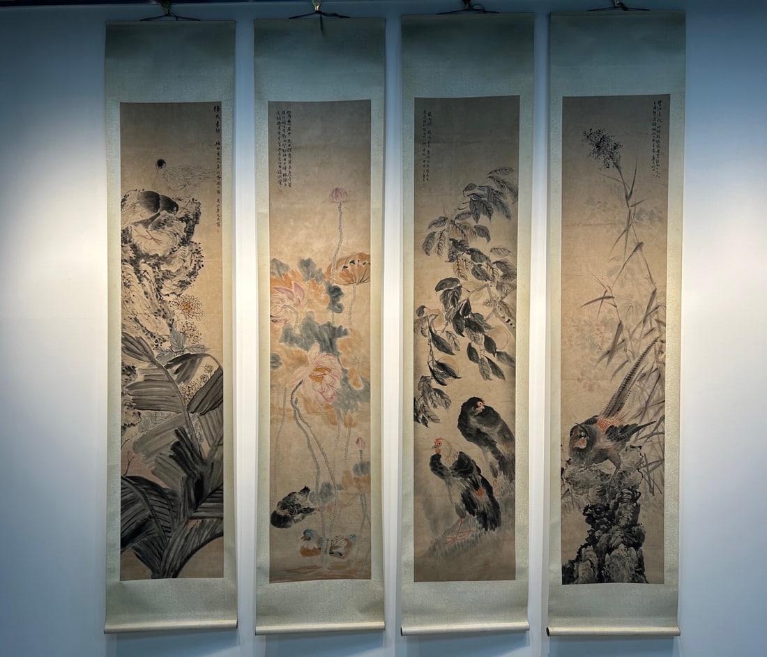A four-screen painting on paper by Lu Hui: Lu Hui's four-screen painting on paper Size:PaintingcoreSize:180cmx38cmx4 (The Dimensions Of All Batches Are Manually Measured.If You Need More Detailed Information, Please Contact