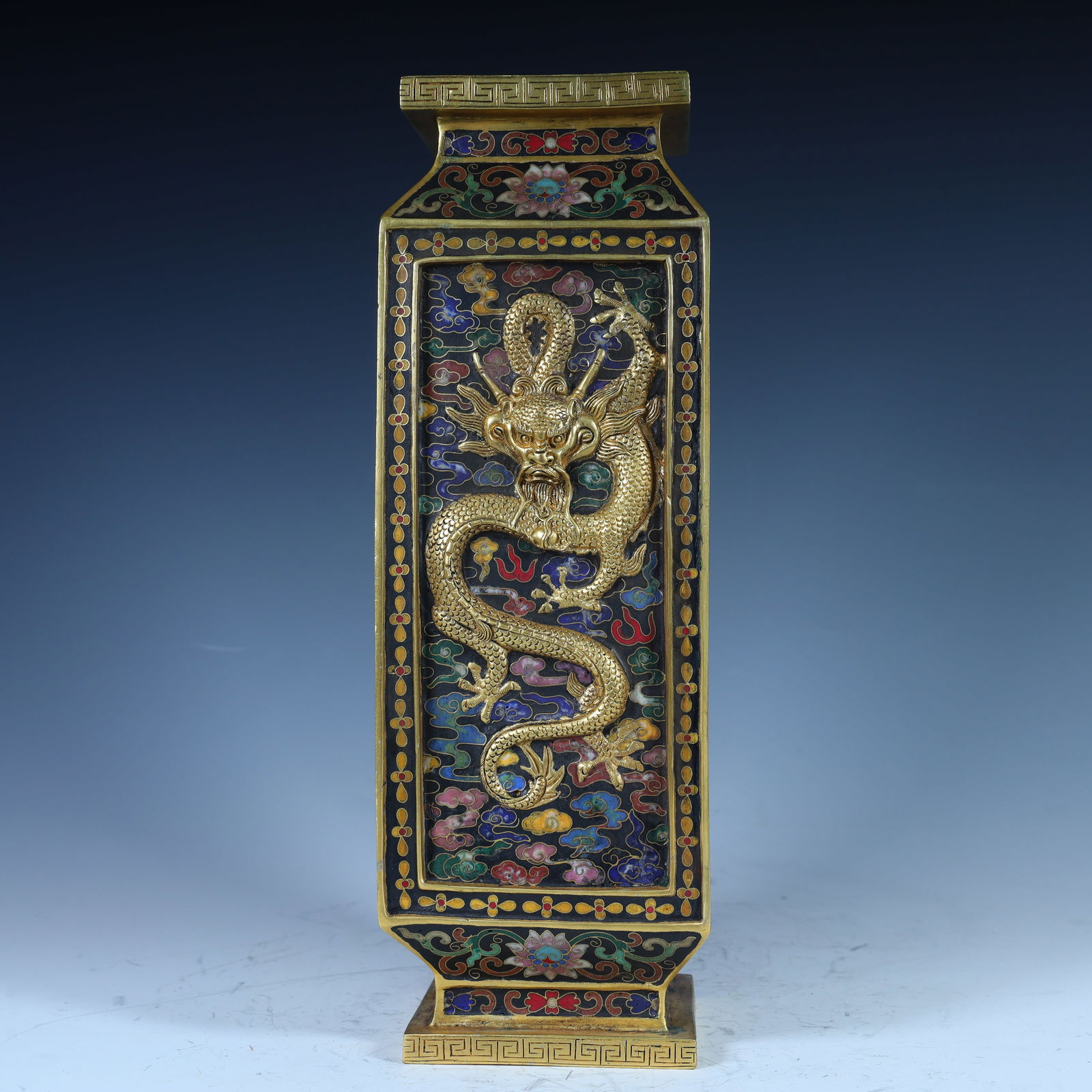 A Qing Dynasty copper gilt cloisonné enamel four-sided dragon square vase: Qing Dynasty copper gilt cloisonné enamel four-sided dragon square bottle Size:H:29cm W:10cm W:3.7kg (The Dimensions Of All Batches Are Manually Measured.If You Need More Detailed