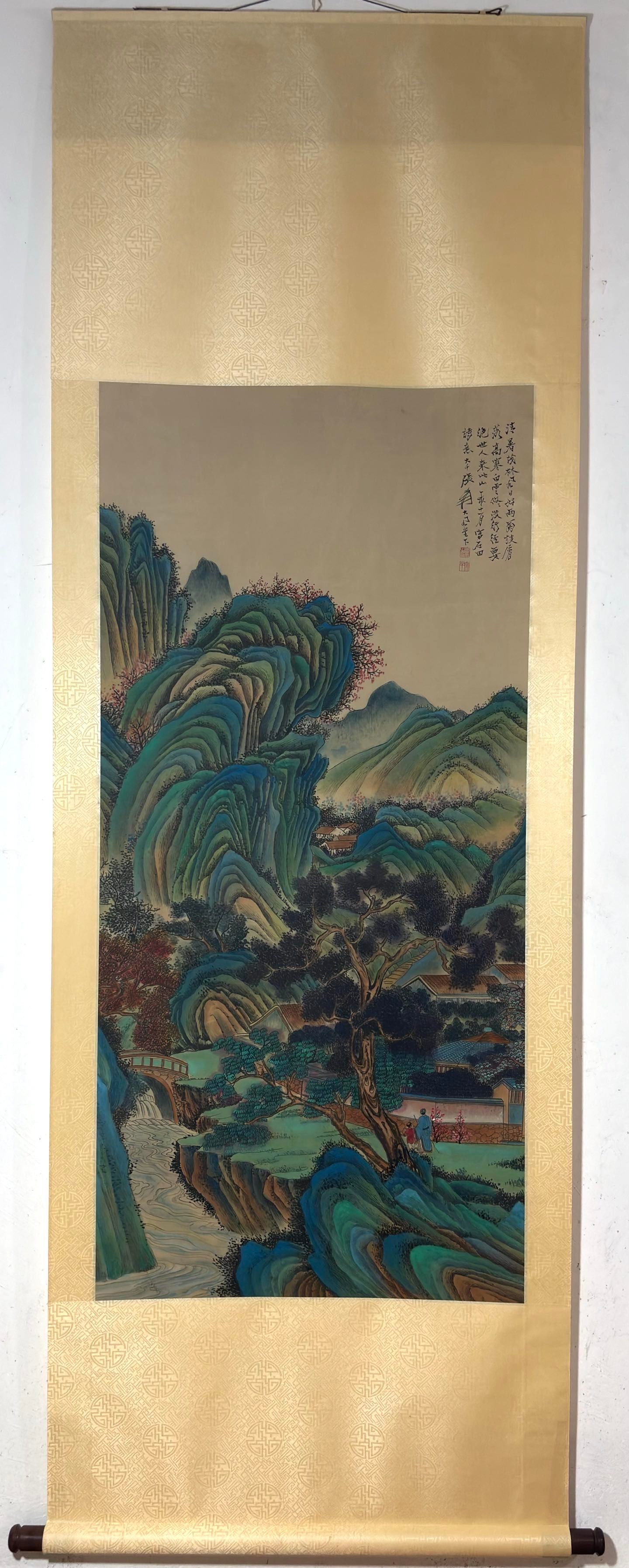 A vertical axis of Zhang Daqian's green landscape map: Zhang Daqian's green landscape map vertical axis Size:Painting coreSize:129x61cm (The Dimensions Of All Batches Are Manually Measured.If You Need More Detailed Information, Please