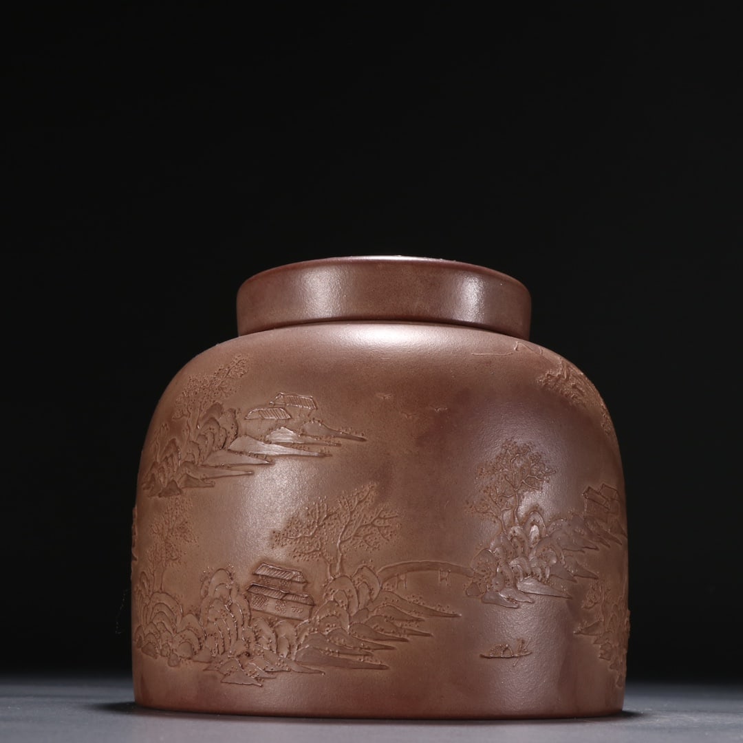 A purple sand landscape map lid jar of Yang Jichu: Yang Jichu's purple sand landscape map lid jar Size:H:12.3cmW:11.9cm (The Dimensions Of All Batches Are Manually Measured.If You Need More Detailed Information, Please Contact Our Customer Service Bef