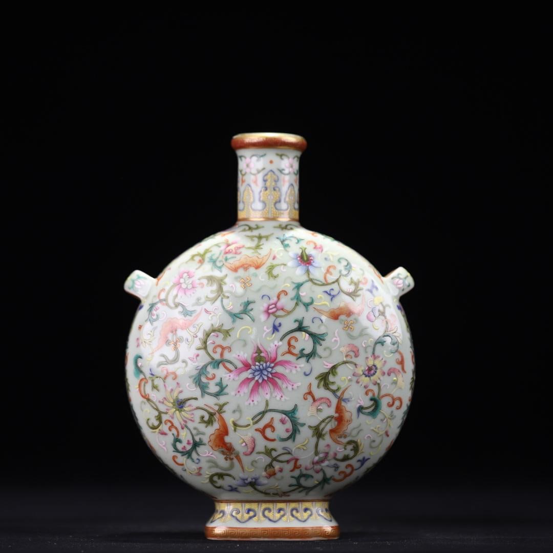A bean blue glazed pastel Fushou entwined lotus pattern ribbon ear flat bottle made in the Qianlong (1 of 9)