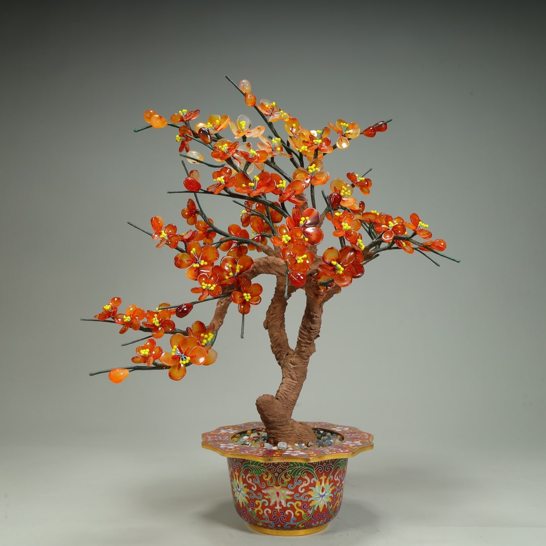 A cloisonné jade bonsai red plum blossom from the period of foreign exchange creation (1 of 9)