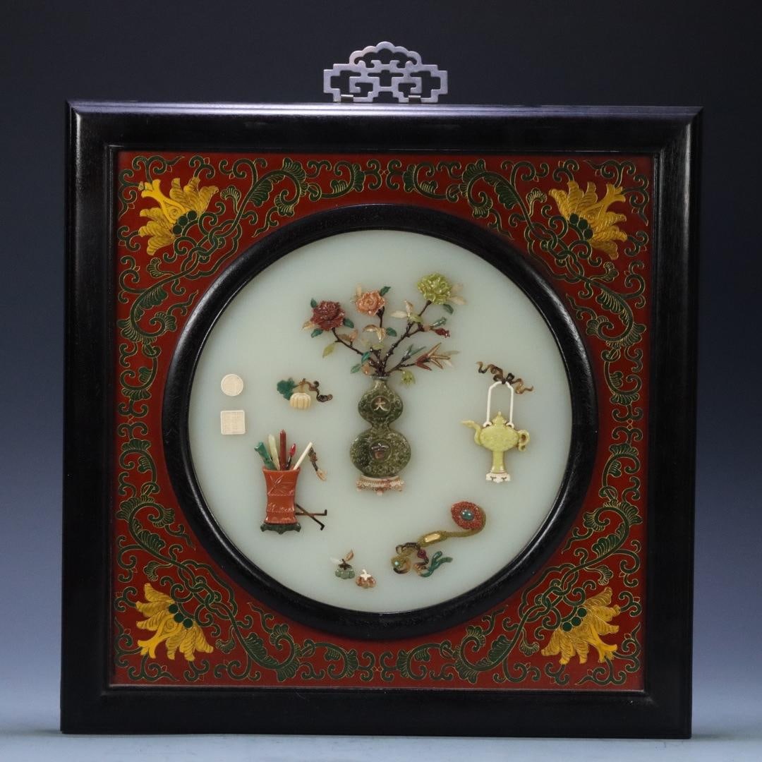 A late Qing Dynasty rosewood frame material plate Baibao embedded Bogu picture hanging screen: The late Qing Dynasty's rosewood frame material plate is embedded with Bogu picture hanging screen Size:46cmx41.5cmx2.9cm W:3.535kg (The Dimensions Of All Batches Are Manually