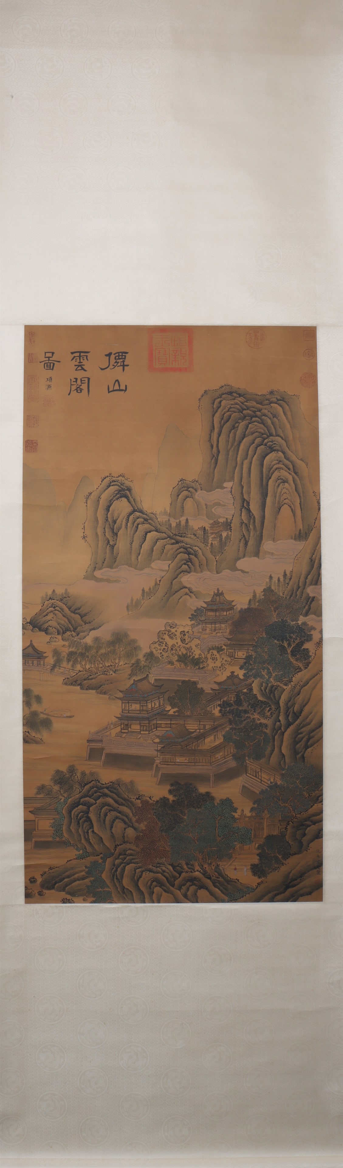 A Chinese Vertical Scroll Ink Painting of Landscape on Silk: A Chinese Vertical Scroll Ink Painting of Landscape on Silk Qiu ying Size:98cmx50cm (The Dimensions Of All Batches Are Manually Measured.If You Need More Detailed Information, Please Contact Our