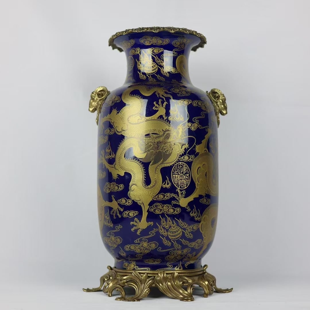 An Exquisite Ji Blue Glazed Inlaid Bronze Painted Gold Dragon Pattern Double-Ears Vase: An Exquisite Ji Blue Glazed Inlaid Bronze Painted Gold Dragon Pattern Double-Ears Vase Qing Dynasty, China Qianlong Six-character Mark Size:47cmx25cm (The Dimensions Of All Batches Are Manually Measur
