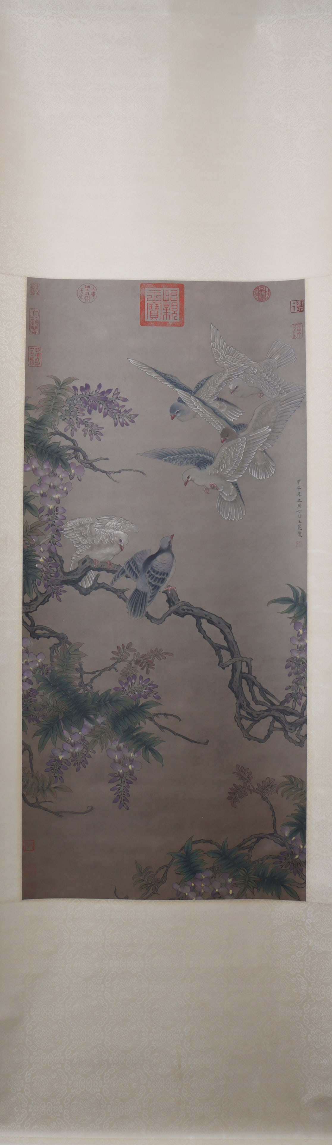 A Chinese Vertical Scroll Ink Painting of Flower and Bird on Paper: A Chinese Vertical Scroll Ink Painting of Flower and Bird on Paper Wang mian Size:108cmx49cm (The Dimensions Of All Batches Are Manually Measured.If You Need More Detailed Information, Please